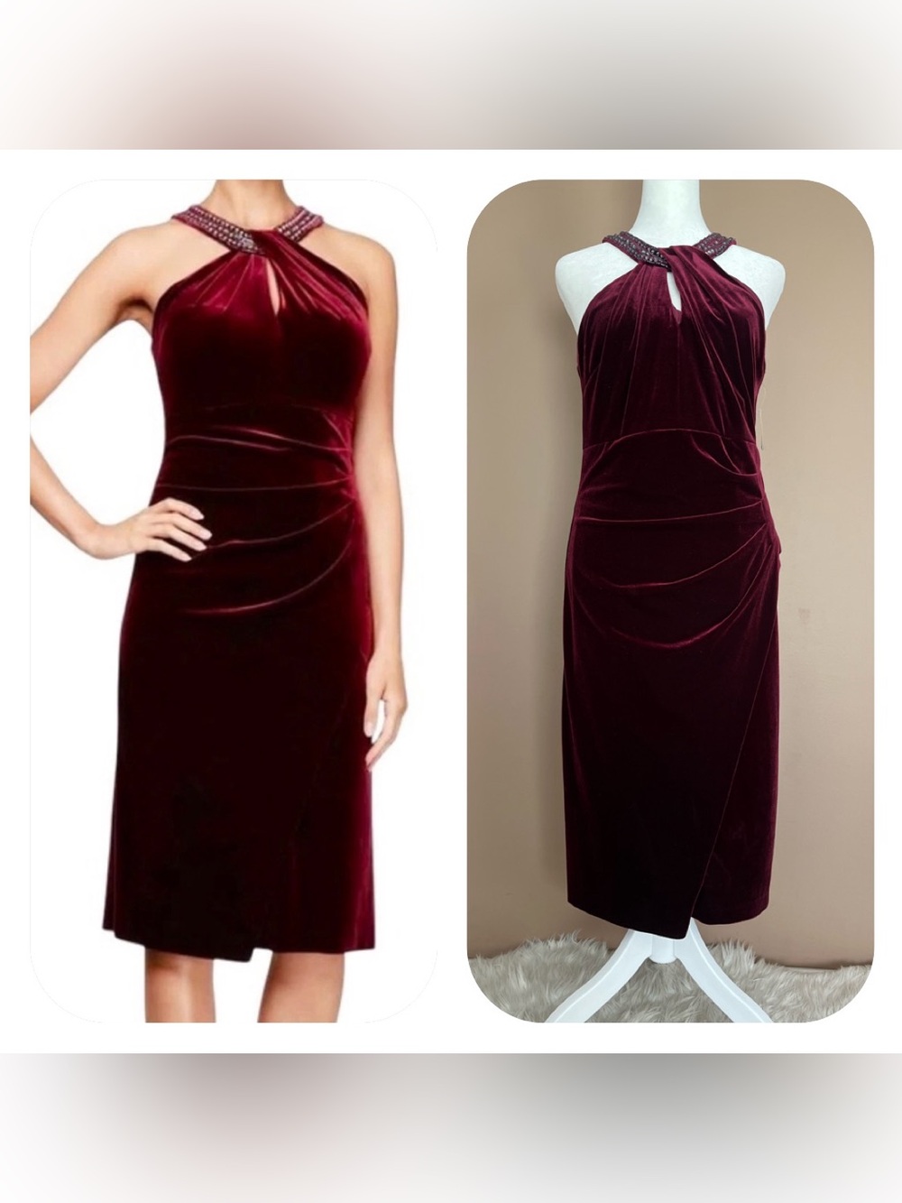 {Alex Evenings} Velvet Halter Sheath Dress with Beaded Neckline - Womens 6